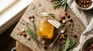 A high-angle, professional editorial shot of golden clarified butter in a glass jar, surrounded by s