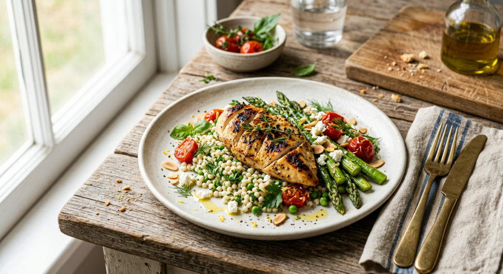 A professional editorial food photography shot of a vibrant, gourmet 15-minute meal beautifully plat