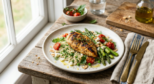 A professional editorial food photography shot of a vibrant, gourmet 15-minute meal beautifully plat