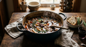 A professional culinary editorial shot of a rustic one-pot meal simmering in a cast-iron Dutch oven