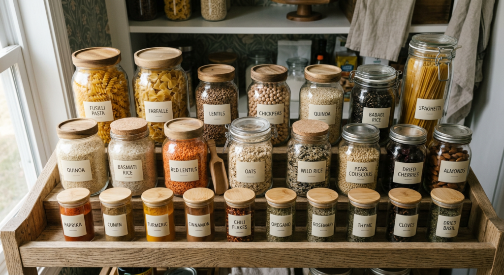 A high-angle, cinematic flat lay of a well-organized pantry shelf filled with aesthetic jars of drie