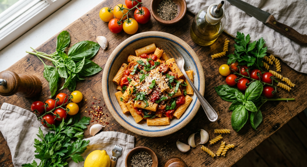 A high-angle, editorial food photography shot of a rustic bowl of vibrant pasta garnished with fresh
