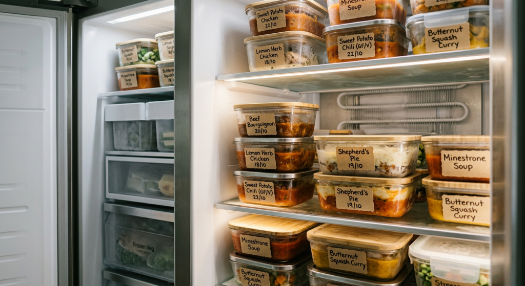 A high-end, professional editorial shot of a variety of neatly labeled, home-cooked meals stored in