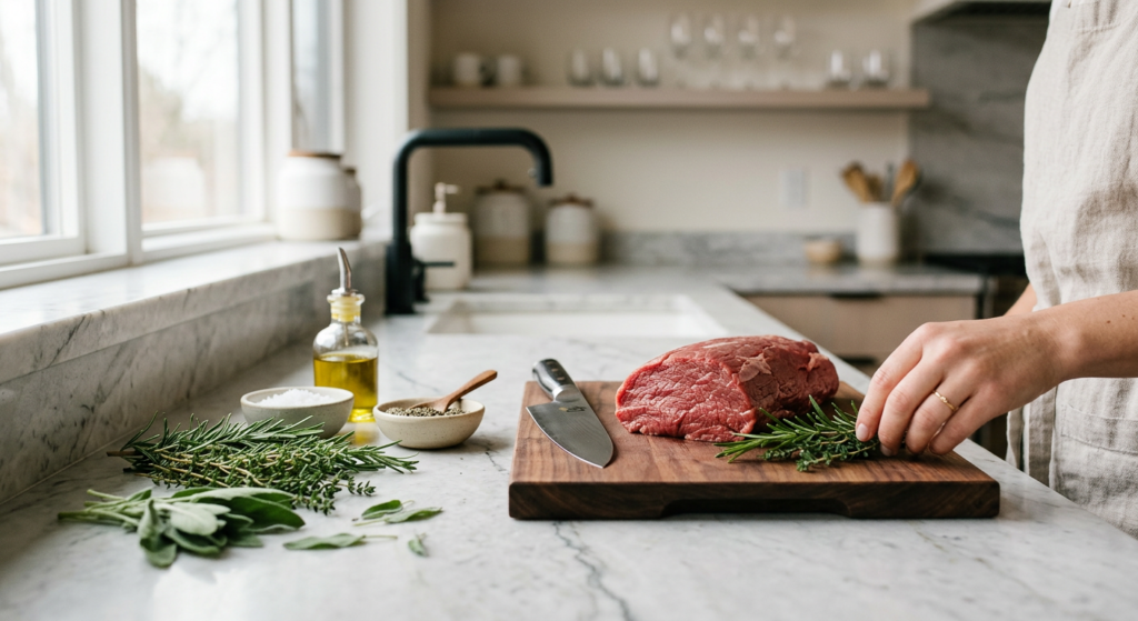 A professional, minimalist editorial shot of raw, high-quality lean meat being prepared alongside fr