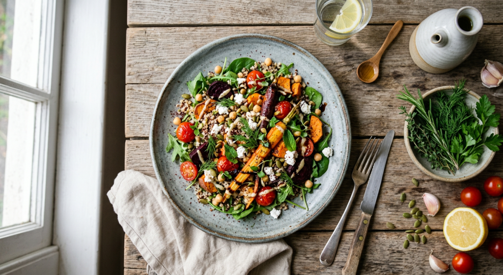 A professionally styled, top-down editorial food photograph of a vibrant, gourmet vegetarian dish se