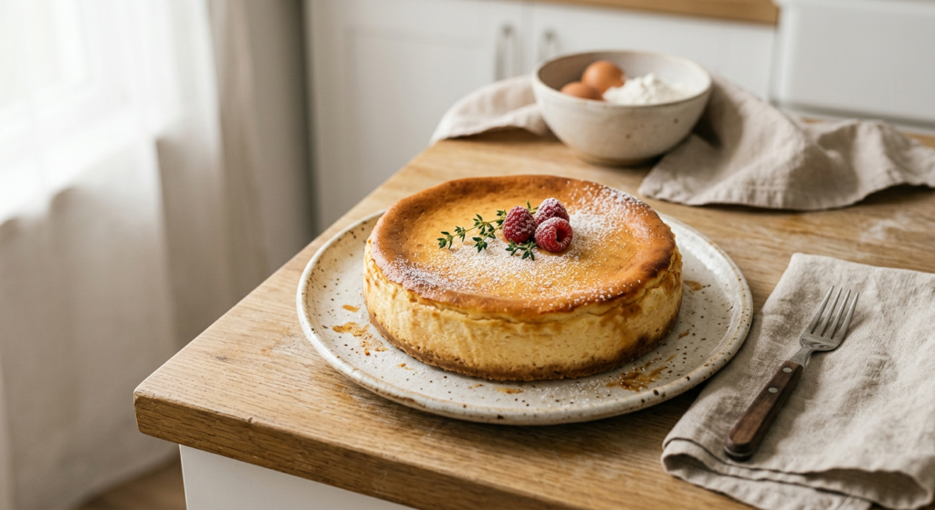 A professional, high-angle editorial photograph of a perfectly risen, golden-brown cheesecake on a r