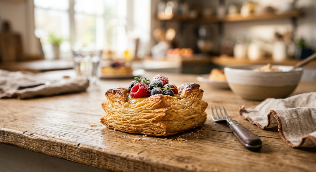 A close-up, professional food photography shot of a perfectly golden, flaky butter pastry tartlet on