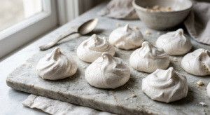 A professional, editorial-style close-up of perfectly baked, glossy white meringues with a delicate,