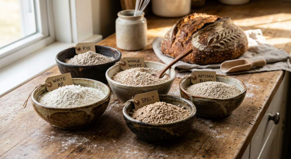 A professional, editorial-style close-up of various flour types in rustic ceramic bowls arranged on