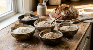 A professional, editorial-style close-up of various flour types in rustic ceramic bowls arranged on