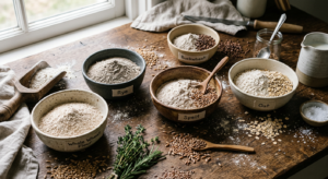 A professional, high-angle editorial shot of various whole grain flours in rustic ceramic bowls arra