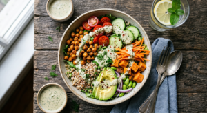A high-angle, professional editorial photograph of a beautifully composed vegetarian grain bowl feat