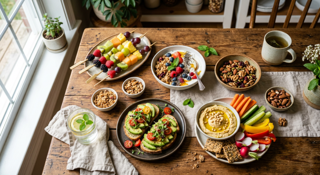 A high-angle, professional editorial shot of a beautifully arranged wooden table featuring a variety