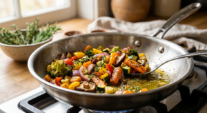 A professional, editorial-style close-up shot of crispy vegetables being sautéd in a high-end stainl