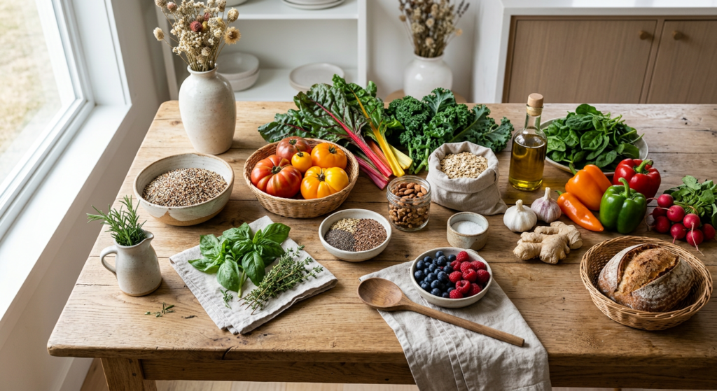 A high-angle, professional editorial shot of a wooden kitchen table organized with colorful fresh ve