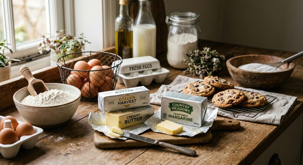 A high-quality, professional food editorial shot of butter sticks and margarine blocks side-by-side
